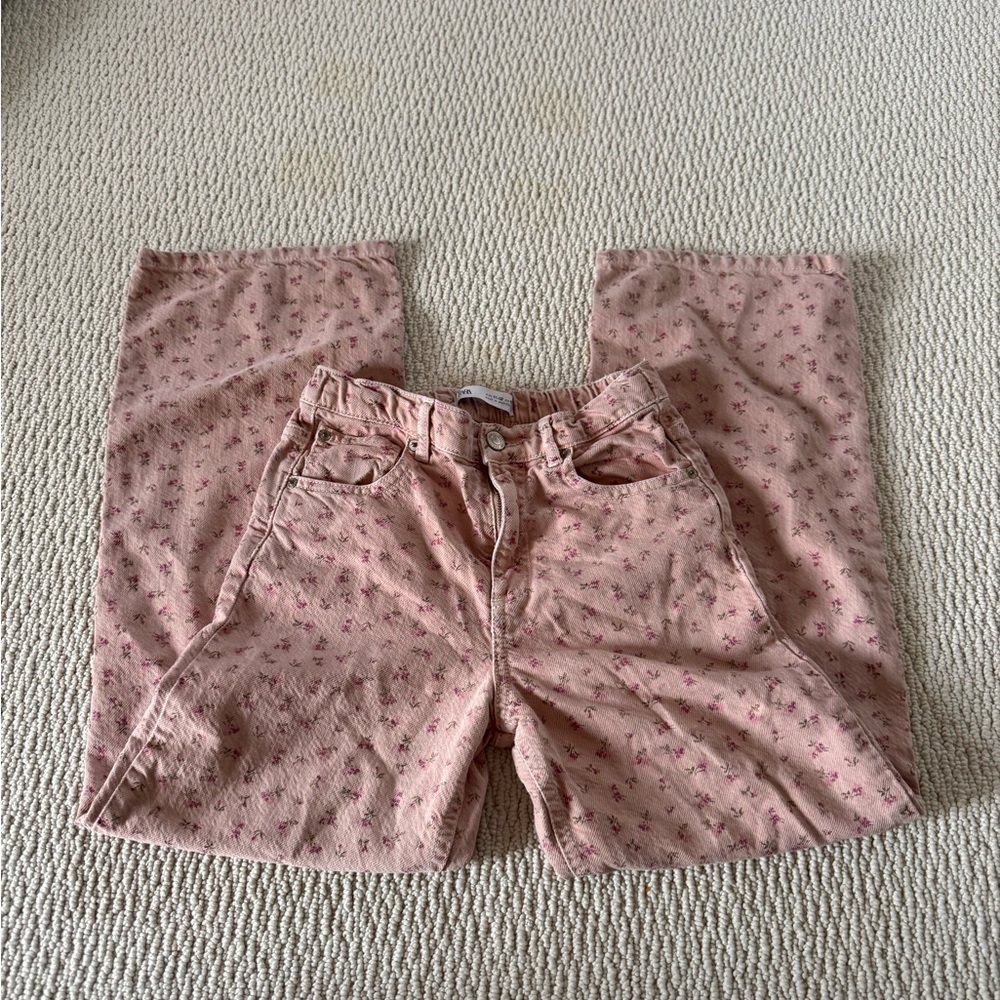 Zara Dusty Rose Floral denim wide leg jeans